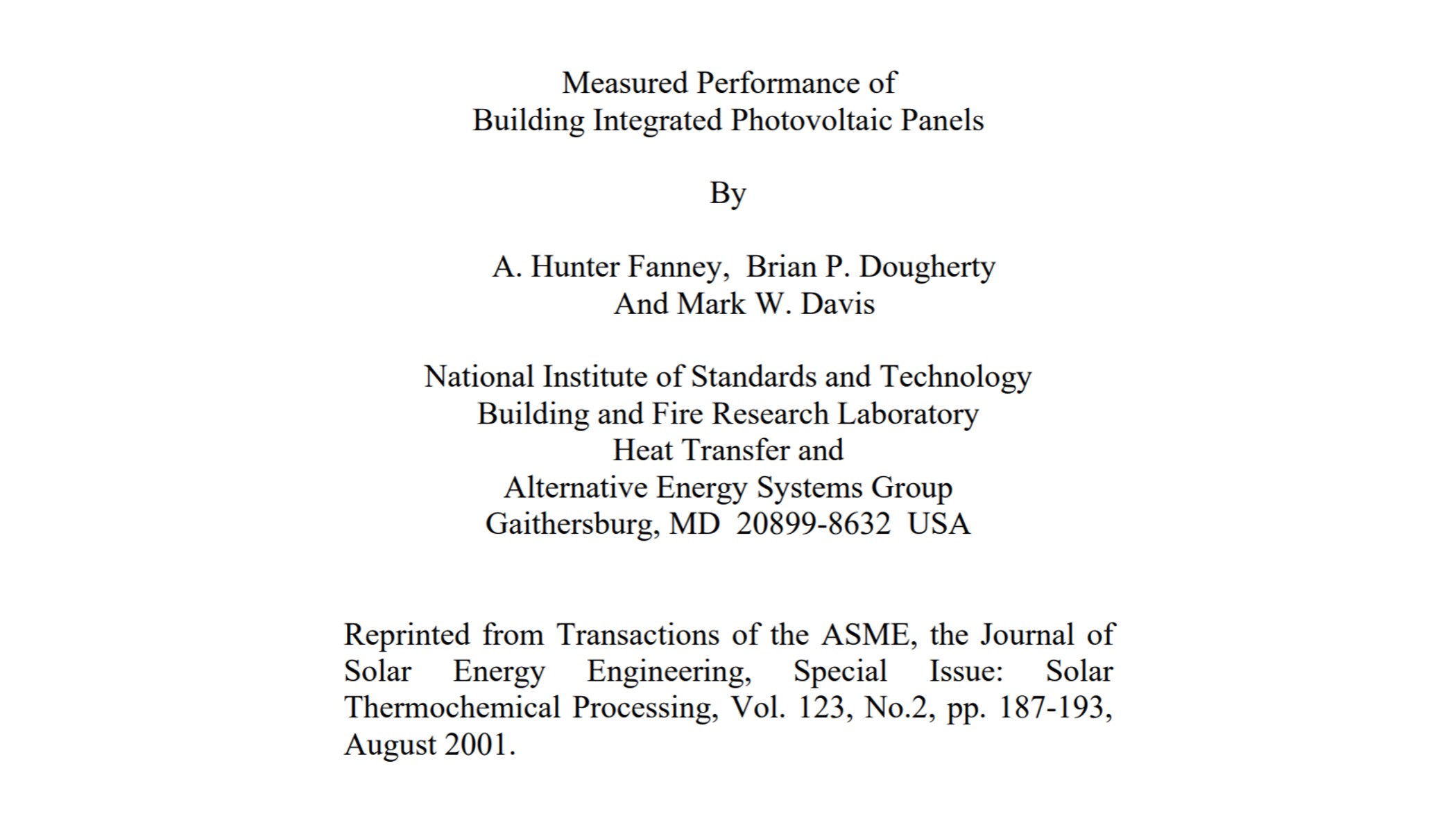 2001 A.Hunter Fanney, Brian P. Doughterty, Mark W. Davis – ‚Measured Performance of Building Integrated Photovoltaic Panels‘