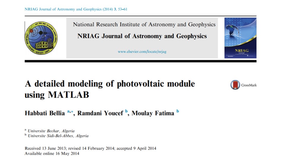 2014 Habbati Bellia, Ramdani Youcef, Moulay Fatima – ‚A detailed modeling of photovoltaic module using MATLB‘