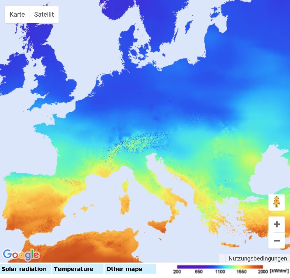 PVGIS Jährliche Solarstrahlung Europe