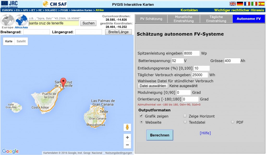 PVGIS SolarWave in ES Santa Cruz de Tenerife - Parameter